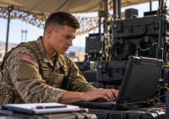 Cybersecurity student working in a technology lab