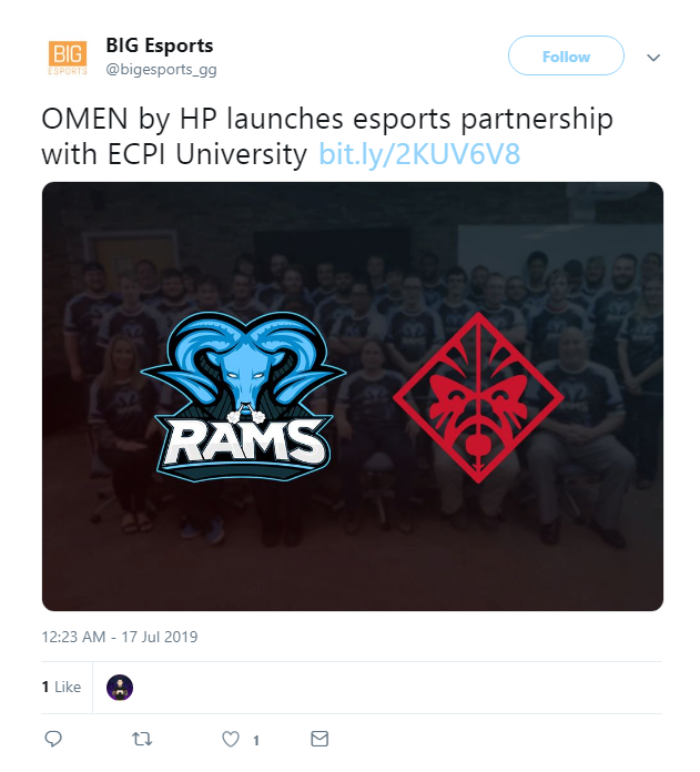 Twitter feed announcing OMEN by HP partnership with ECPI 