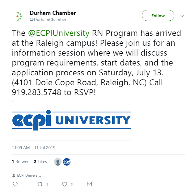 Twitter post about RN program now available in Raleigh North Carolina