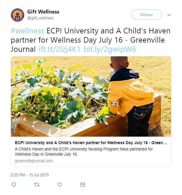 Twitter post announcing ECPI and Child's Haven partnership.