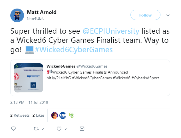 Twitter post about ECPI being a finalist in the wicked 6 cyber game.